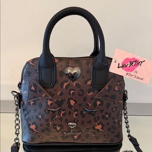 🆕 BETSEY JOHNSON Leopard Cat Face Lini Satchel Crossbody Bag Black Brown NWT